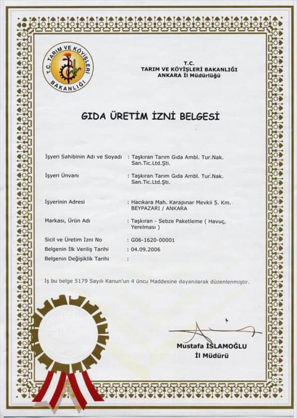 T.C. Tarım ve Köyişleri Bakanlığı tarafından Taşkıran Tarım'a verilmiş Gıda Üretim İzni Belgesi
