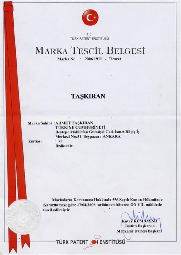 Türk Patent Enstitüsü tarafından Ahmet Taşkıran adına düzenlenmiş Marka Tescil Belgesi